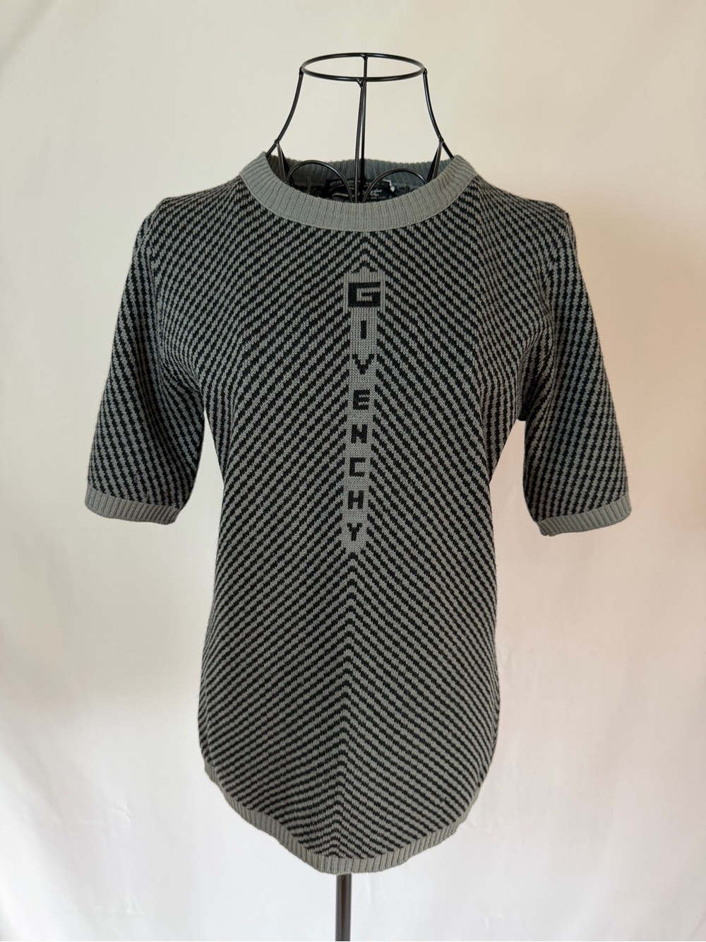Givenchy Gray & Black Chevron Knit Short-Sleeve Shirt Vintage Piece